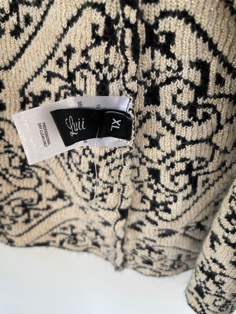 Luii Womens Cream, Gold, and Black Jacquard Knit Open Duster Cardigan XL - Picture 2 of 4